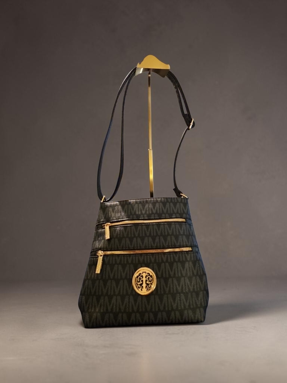 Monogram Crossbody Bag in Black with Gold Accents